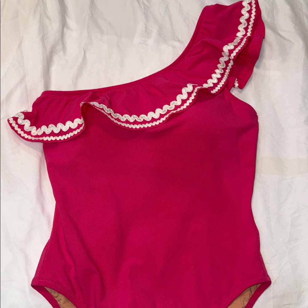 J. Crew Seersucker Pink Ruffle One Shoulder White Swimsuit Size 8 NWT AJ650 - Picture 3 of 6